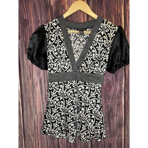 Y2K Vintage Rampage Babydoll Top S Small Black, White Groovy Blouse - Picture 1 of 4